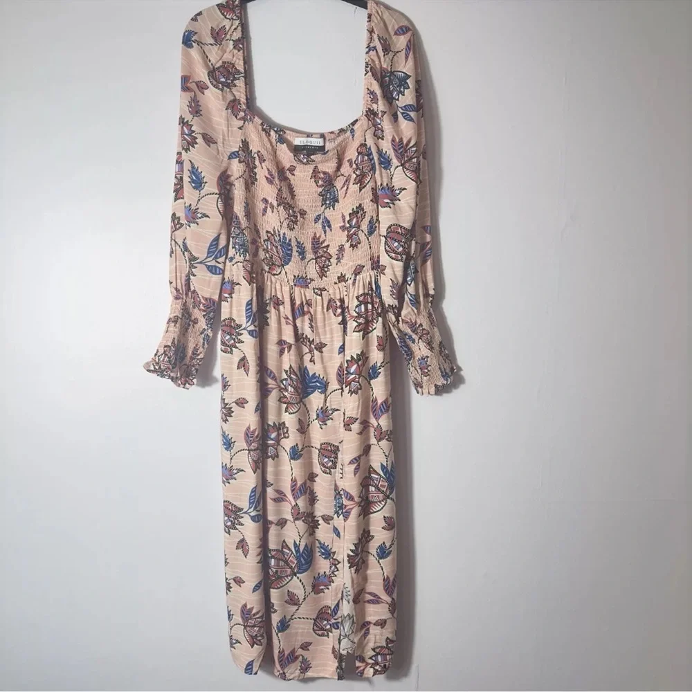 Eloquii Elements Pink Floral Dress Sz 18-20 (2X) Midi Smocked Cottagecore - Picture 4 of 10